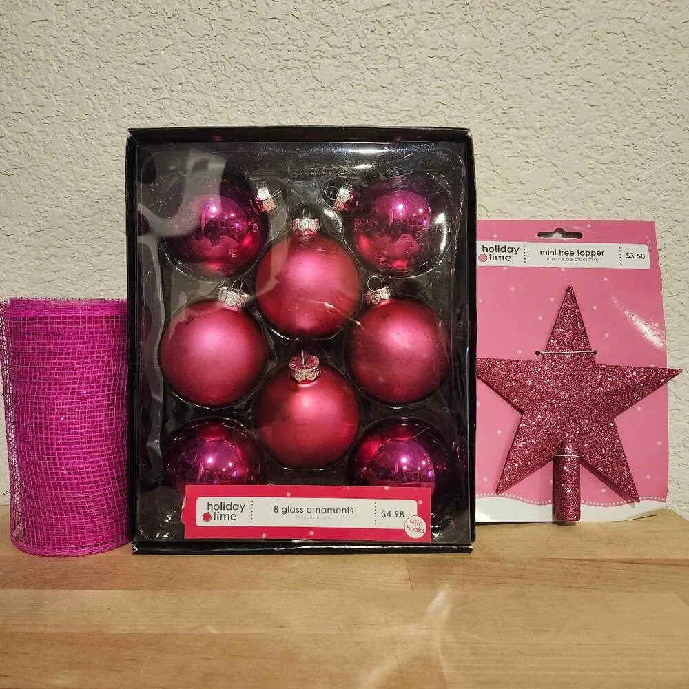 GUC Pink Christmas Lot - 8 Glass Ornaments Mesh Ribbon Glitter Star Tree Topper